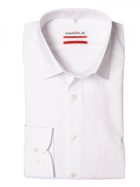 Chemise Marvelis MODERN FIT UNI POPELINE blanc avec col Nouveau Kent en coupe moderne