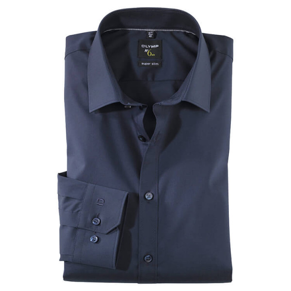 OLYMP No. Six super slim overhemd UNI POPELINE donkerblauw met Urban Kentkraag in super smalle snit
