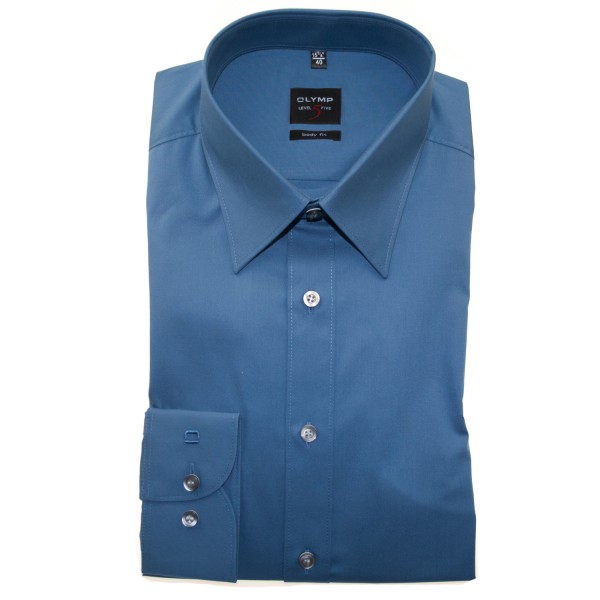 Chemise OLYMP Level Five body fit UNI POPELINE bleu moyen avec col New York Kent en coupe étroite