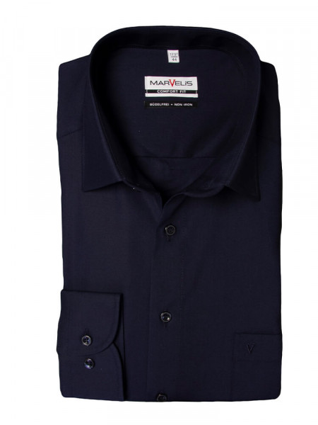 Marvelis shirt COMFORT FIT UNI POPELINE dark blue with New Kent collar in classic cut