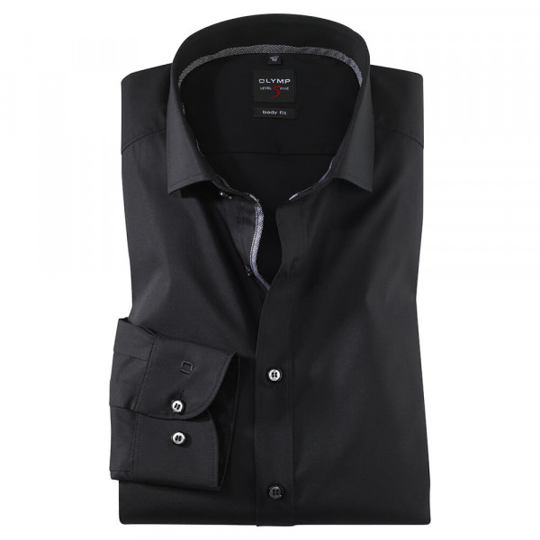 OLYMP Level Five body fit Hemd UNI POPELINE schwarz mit Royal Kent Kragen in schmaler Schnittform