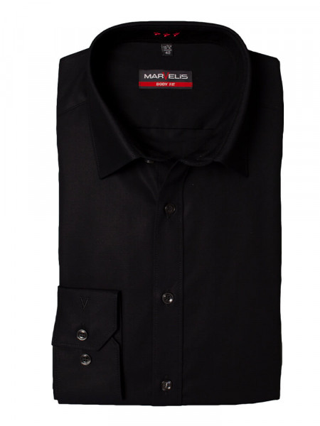 Marvelis BODY FIT Hemd UNI POPELINE schwarz mit New York Kent Kragen in schmaler Schnittform