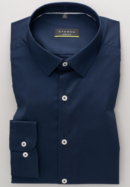 Eterna Hemd SUPER SLIM UNI STRETCH dunkelblau mit Mini Kent Kragen in super schmaler Schnittform
