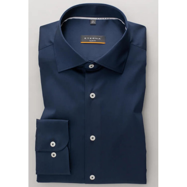 Eterna overhemd SLIM FIT UNI STRETCH donkerblauw met Klassieke Kentkraag in smalle snit